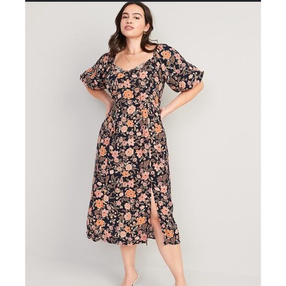 Old Navy Dresses & Skirts - Old Navy Puff-Sleeve Floral-Print Pintucked Smocked Midi Swing Dress Size Small